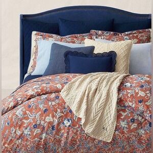 Ralph Lauren Mirabelle King Duvet Cover Floral Print Coral Blue Cotton NEW